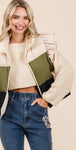 Color Block Ruffle Trim Puffer Vest-Olive Multi
