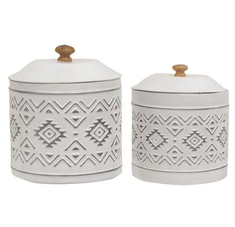 White Aztec Metal Canister - Set Of 2