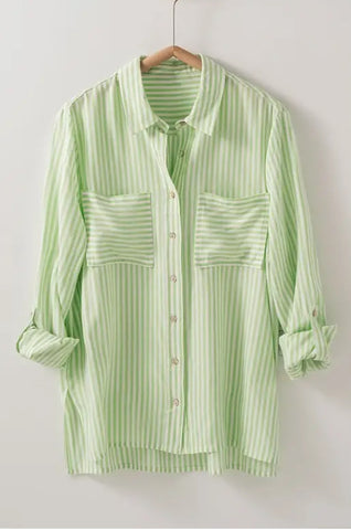 Green Women's Relaxed Fit Vertical Striped Button Down