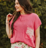 Pink Knit Sweater Boot-Stitch Pocket Edge Thread Top