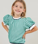 Girl's Green Puff Sleeve Checkered  Top