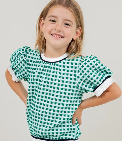 Girl's Green Puff Sleeve Checkered  Top