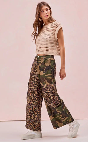 Leopard and Camouflage Mixed Cargo Pants