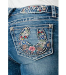Floral Embroidered Horseshoe Mid-Rise Bootcut