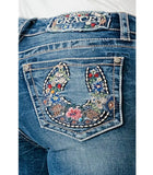 Floral Embroidered Horseshoe Mid-Rise Bootcut