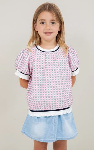 Girl's Pink Puff Sleeve Checkered Top