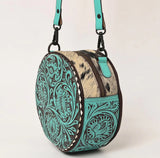 American Darling Hair-on Round Hand Tooled Bag-Turquoise