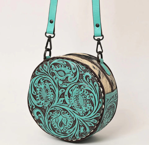 American Darling Hair-on Round Hand Tooled Bag-Turquoise