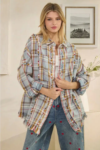Washed Plaid Snap Button Down Jacket