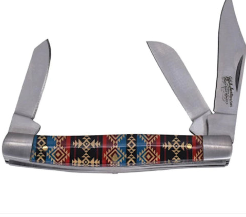 Justin Stockman Knife Acrylic Blue & Red Aztec