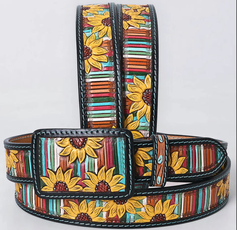American Darling Hand Tooled/ Painted Sunflower with strips Belt