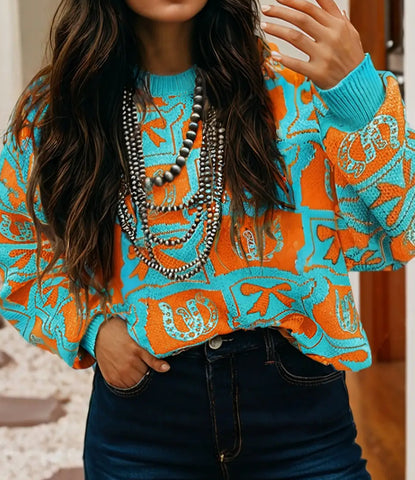 Horseshoe And Bow Orange & Blue Sweater