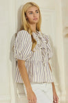 Short Sleeve Blouse with Front Tie Ribbon