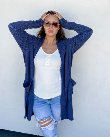 Ribbed Colored Cardigan - Navy