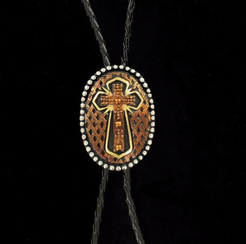 Crumrine Oval Copper Basketweave Cross Bolo Tie