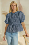 Short Sleeve Blouse with Front Tie Ribbon