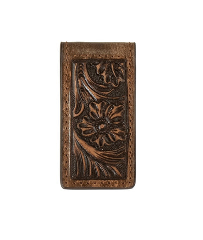 Floral Embossed Leather Brown Money Clip