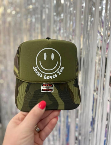 Camo & Green Jesus Loves You Trucker Hat