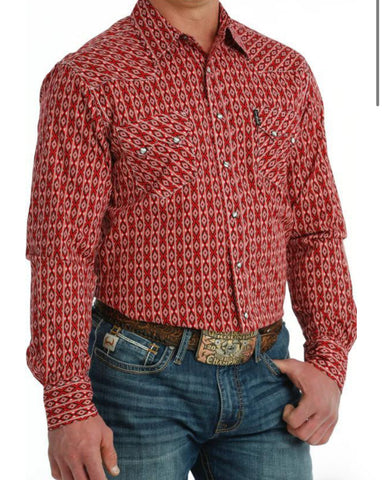 Men’s Cinch Modern Fit Red Geo Print Shirt