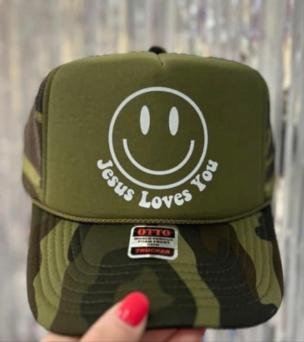 Camo & Green Jesus Loves You Trucker Cap