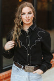 Black Denim Stretch Contrast Embroidered Puff Sleeve Shirt