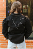 Black Denim Stretch Contrast Embroidered Puff Sleeve Shirt