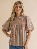 Notch Neck Bubble Sleeve Bohemian Blouse