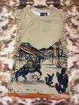 Cruel Rib Knit Ruffle Sleeve Tank with Western Print