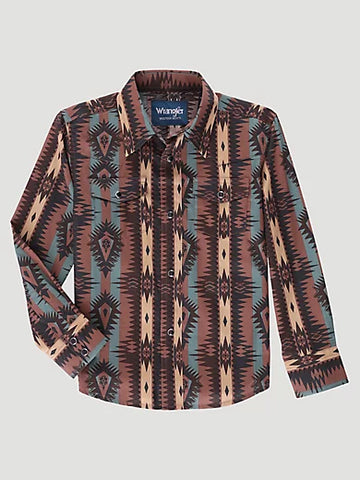 Wrangler Boy’s Checotah Snap Shirt-Chocolate Brown