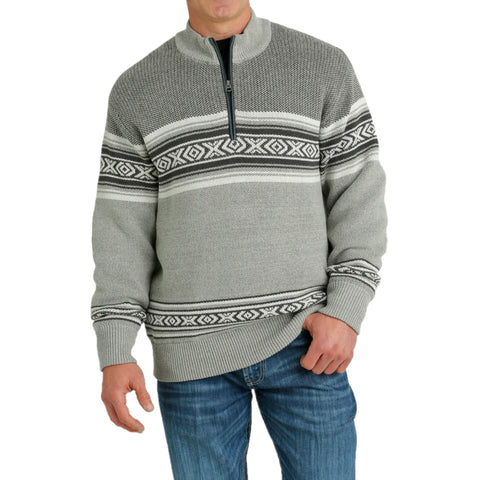 Cinch Men's Grey Aztec Print Quarter Zip Knit Pullover