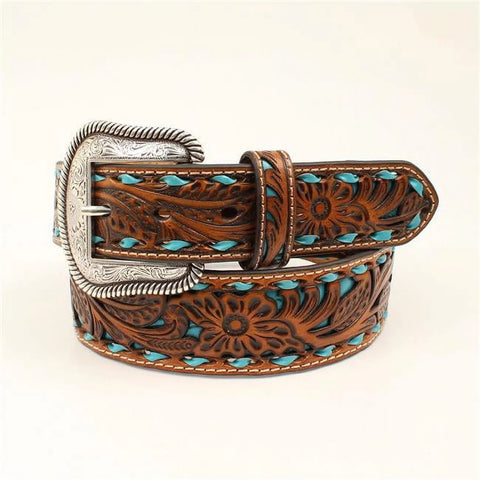Nocona Women's Floral Pierced Turquoise Underlay Belt