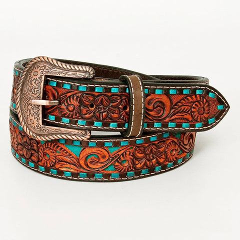 Turquoise Buckstitch Floral Hand Carved Western Leather Belt