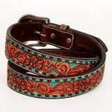 Turquoise Buckstitch Floral Hand Carved Leather Belt