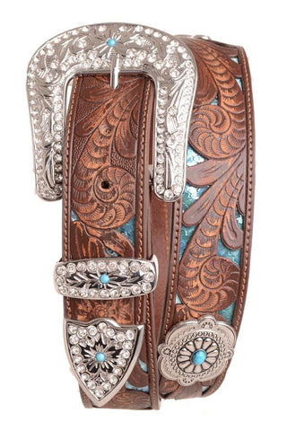 Tooled Leather Belt with Concho