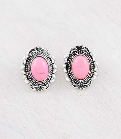 Faux Pink Oval Stud Earrings