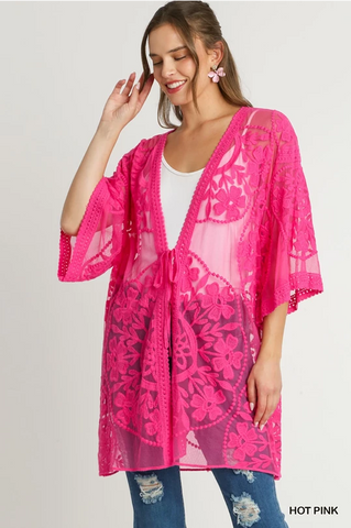 Floral Lace Open Front Kimono with Waist Tie