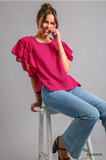 Pink      Cotton Gauze Top with Jacquard Contrast Ruffle Sleeve