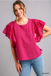 Pink      Cotton Gauze Top with Jacquard Contrast Ruffle Sleeve