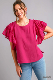 Pink      Cotton Gauze Top with Jacquard Contrast Ruffle Sleeve