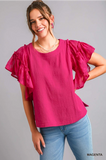 Pink Cotton Gauze Top with Jacquard Contrast Ruffle Sleeve