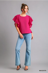 Pink      Cotton Gauze Top with Jacquard Contrast Ruffle Sleeve