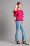 Pink      Cotton Gauze Top with Jacquard Contrast Ruffle Sleeve