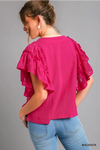 Pink Cotton Gauze Top with Jacquard Contrast Ruffle Sleeve