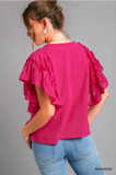 Pink Cotton Gauze Top with Jacquard Contrast Ruffle Sleeve