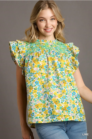 Green & Yellow Embroidery Floral Printed  Top with Flutter Sleeves