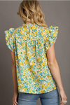 Green & Yellow Embroidery Floral Printed  Top with Flutter Sleeves