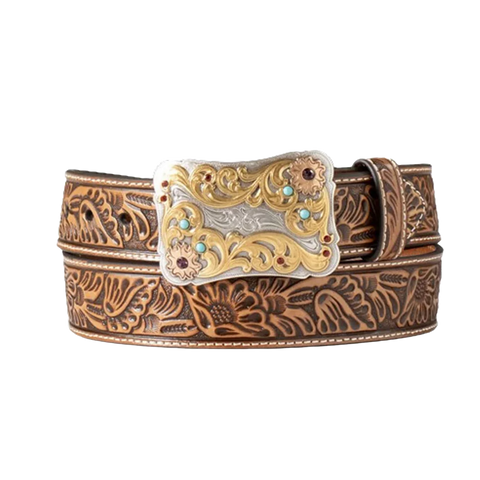 Nocona Ladies Floral Embossed Light Brown Leather Belt