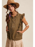 Ruffle Trim Utility Vest-Olive