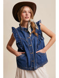 Ruffle Trim Utility Vest-Denim