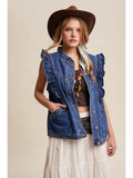 Ruffle Trim Utility Vest-Denim